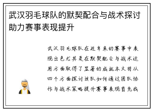 武汉羽毛球队的默契配合与战术探讨助力赛事表现提升